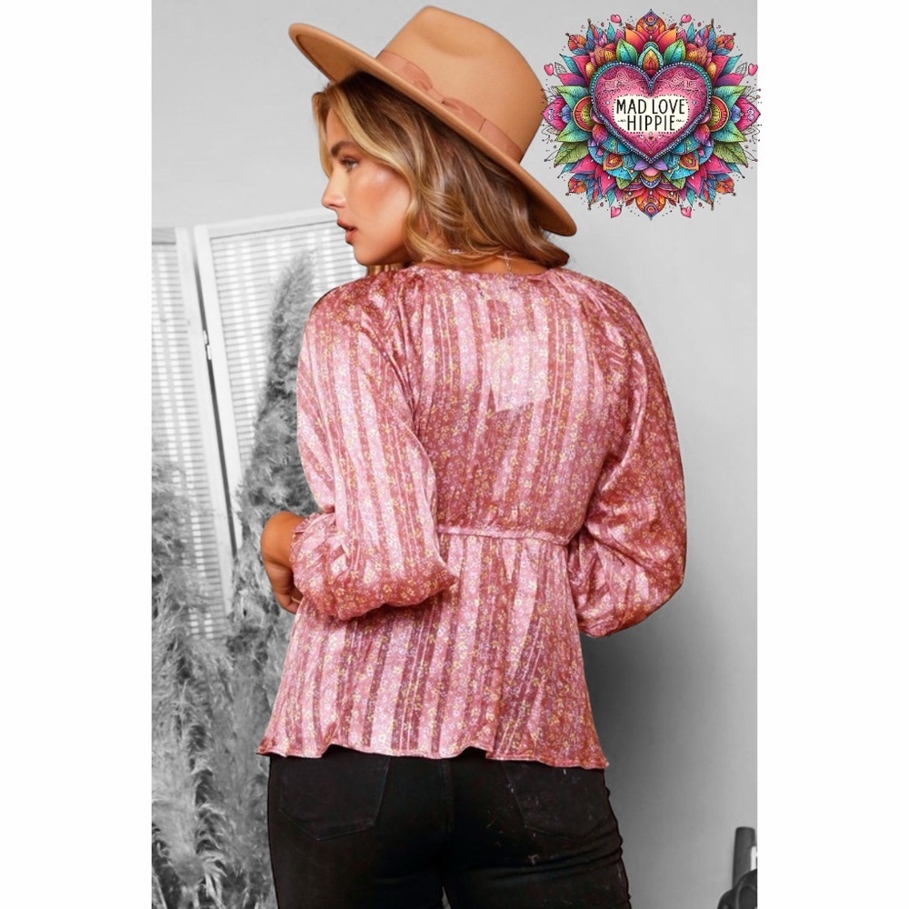 Peach Love Pink Satin Floral Print V Neck Sparkle Accent Babydoll Top with Bow - Picture 5 of 7